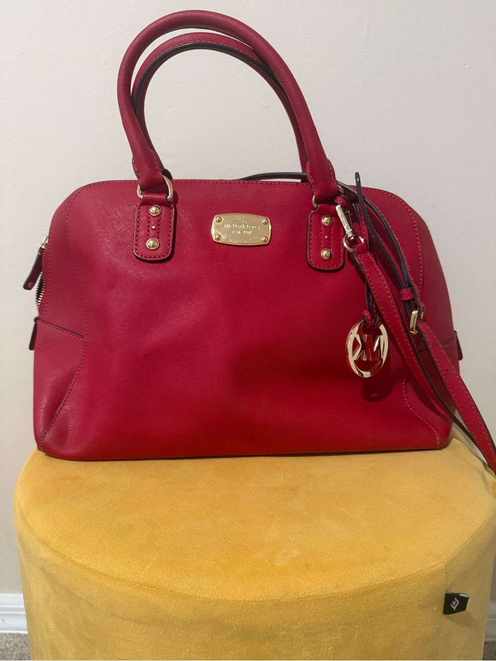 Michael Kors Red Saffiano Leather Satchel with Gold Hardware